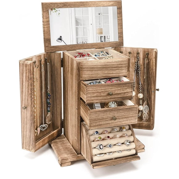 Jewelry Box, Wooden Jewelry Boxes for Women, Jewelry Organizer Box Display for Rings Earrings Necklaces Bracelets,Carbonized Black