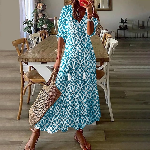 FcBaudy Robes d'Été pour Femmes, Robes pour Femmes, Jupe pour Femmes Robe Décontractée à la Mode pour Femmes Printemps/été à Col en V à Manches Courtes Imprimée Jupe pour Dames