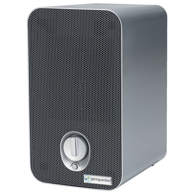 GermGuardian® Air Purifier AC4100 4-in-1 Table Top HEPA in grey with a compact rectangular shape and rounded edges, featuring a black honeycomb front grille with a circular control knob and GermGuardian logo, suitable for improving indoor air quality in small spaces.