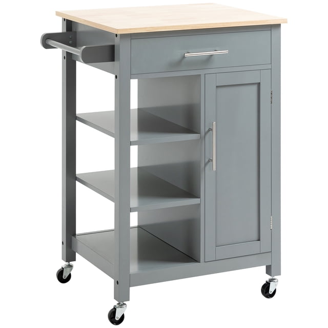 HOMCOM Compact Kitchen Trolley Utility Cart on Wheels with Open Shelf in grey. Features a natural wood top, a handy drawer, a concealed cabinet, a 3-tier open shelf, and a towel rack. Equipped with four smooth-rolling wheels, two with brakes, for easy mobility. Made of MDF and steel, with a compact design measuring 27.2 inches long, 18.9 inches wide, and 35 inches high. Ideal for kitchen storage and serving needs.
