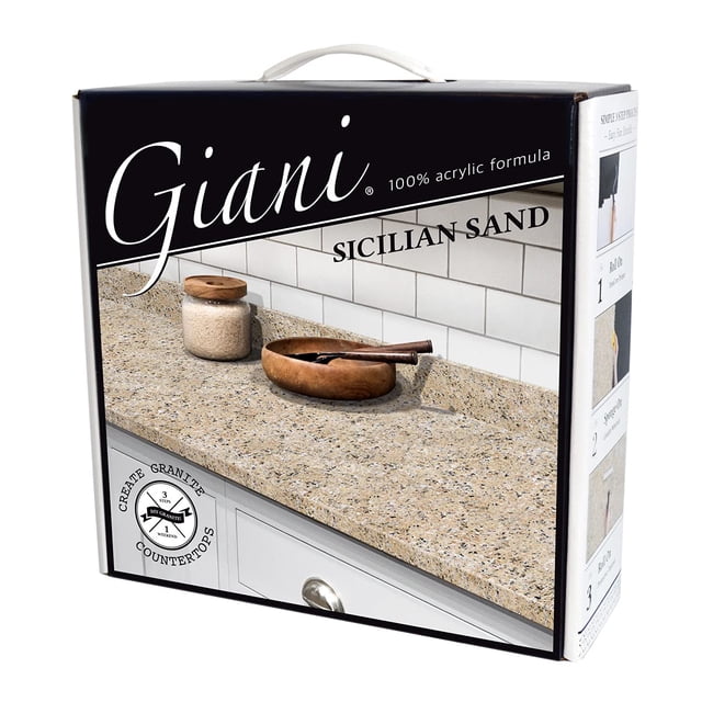 Giani Granite Countertop Paint Kit 2.0 in Sicilian Sand, featuring a 100% acrylic formula for transforming countertops into an authentic granite finish. The kit includes step-by-step instructions for a simple sponge-on and roll-on application, suitable for surfaces like Formica, laminate, Corian, ceramic tile, butcher block, and cultured marble. Covers 35 sq. ft. or 16 running ft. of 24-inch wide countertops. Low odor, low VOC, water-based, durable, high-gloss, and food-safe topcoat. Packaged in a box with an image of a Sicilian Sand granite-style countertop and decorative items.