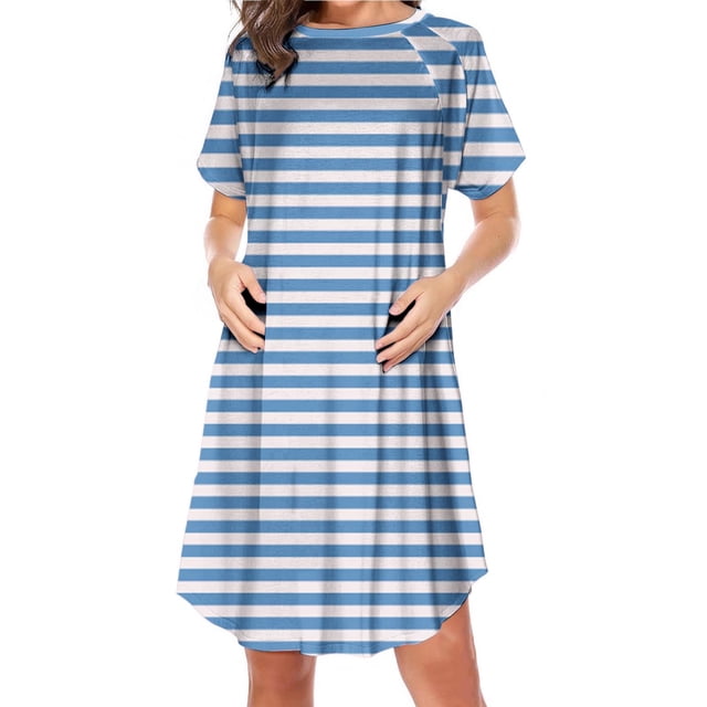 Bwiyojiz Mode Tailles P-TTG Fermeture Éclair Latérale Allaitement Maternité Imprimé Robe à Manches Courtes Col Rond pour Femmes Enceintes Pyjama Décontracté, Bleu