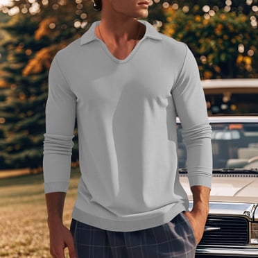 Chemises de Golf pour Hommes Chandails en Molleton à Manches Longues en Maille Gaufrée Chandail Décontracté Couleur Unie Col en V Basique pour Sortir Vêtements de Détente T-Shirts Hauts