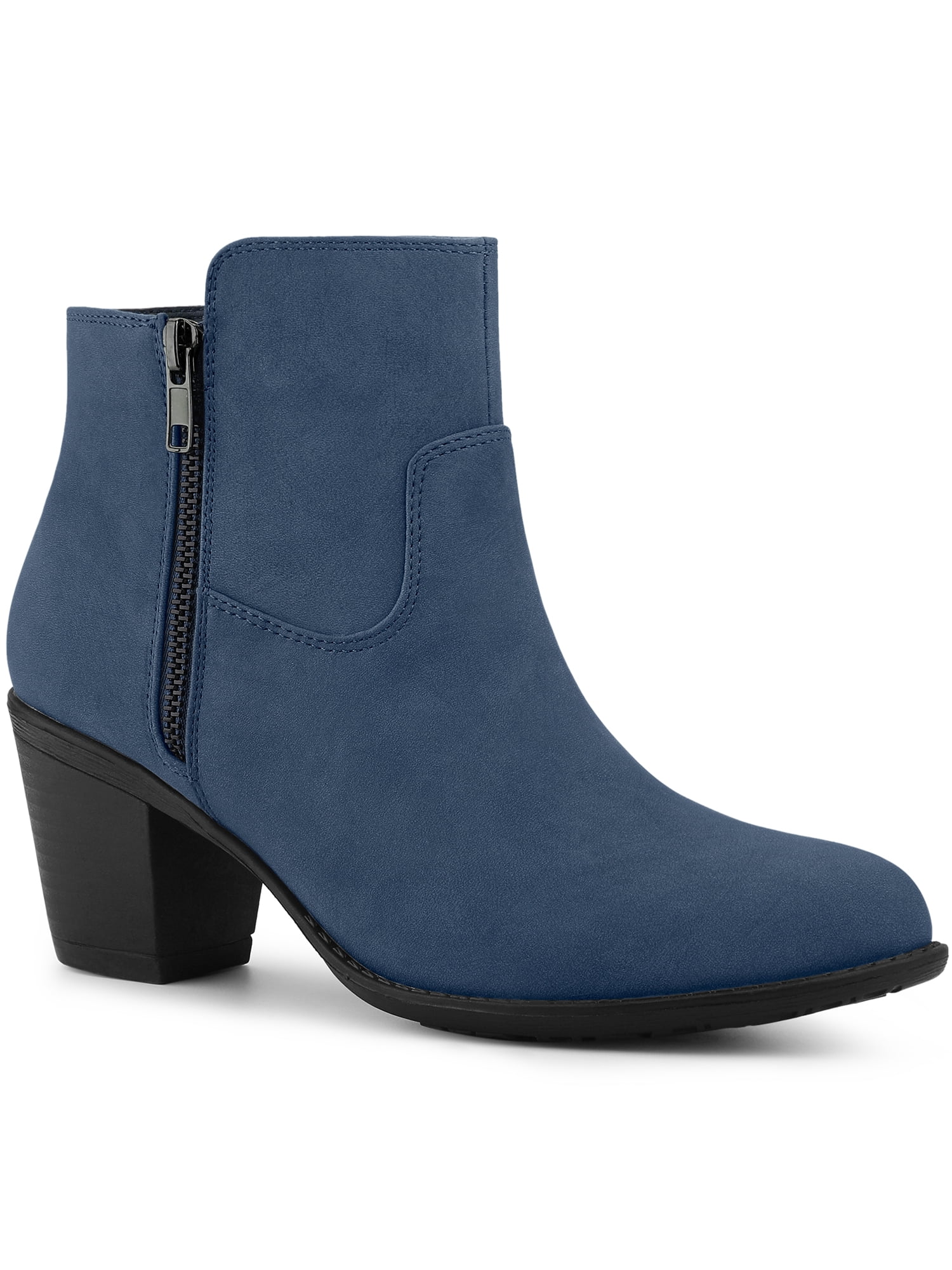 Unique Bargains Women's Chunky Heels Side Zipper Ankle Booties DarkBlue US 9.5