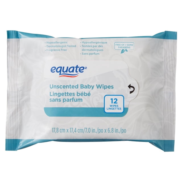 Equate Unscented Baby Wipes pack containing 12 hypoallergenic, dermatologist-tested wipes that gently cleanse and soothe baby skin, free from fragrance, alcohol, dyes, chlorine, phthalates, and parabens, measuring 7.0 by 6.8 inches.