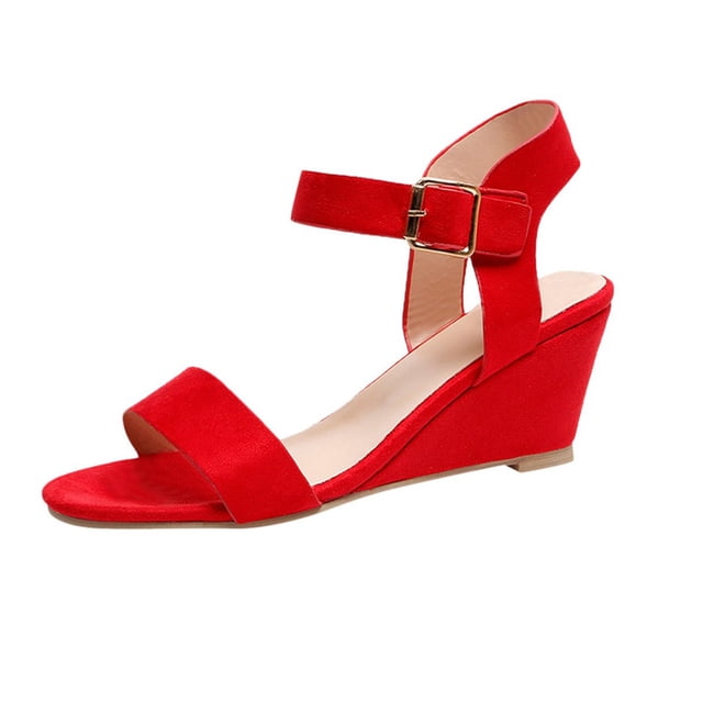 Womens Solid Color Round Toe Wedge Heel Buckle Suede Low Top Sandals Shoes