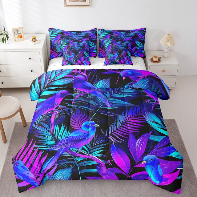 YST Hummingbird Bedding Set Full 7 Piece,Tropical Palm Tree Leaves Comforter Set With Sheet Set Hippie Bird Plant Botanical Bed In A Bag With Throw Pillow Cover,Reversible