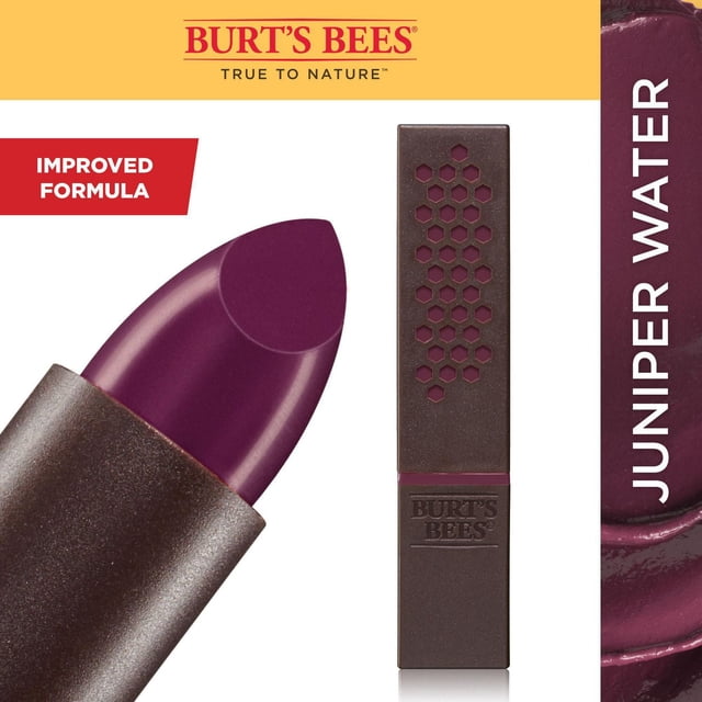 Burt’s Bees 100% Natural Moisturizing Lipstick in Juniper Water shade featuring a close-up of the deep purple lipstick bullet with a smooth satin finish and the brown rectangular tube embossed with Burt’s Bees logo and honeycomb pattern.