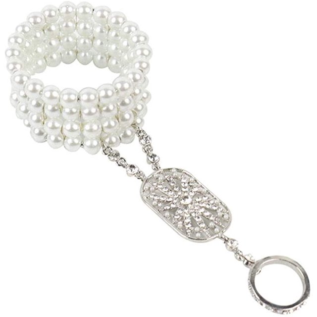Bracelet en Strass Perle Vintage Élastique Chaîne d'Anneau Accessoires Rétro pour Mariage Fête Ensemble de Bracelets et Bagues pour Performance de Danse