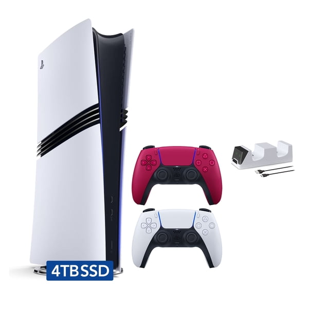 PlayStation 5 Pro Console Numérique 4 to SSD avec Deux Manettes, Blanche et Rouge Cosmique DualSense et Chargeur Double Mytrix - Vue Frontale de la Console Phare PS5 Pro de la Console Verticale Blanche avec une DualSense Blanche et une Manette DualSense Rouge Cosmique, Chargeur Double Mytrix Tenant les Manettes et des Cordons d'Alimentation HDMI et CA Visibles sur un Fond Blanc Uni; Ensemble Mettant en Valeur une Console SSD 4 to, Deux Manettes et Chargeur Double Inclus, Souvent Utilisé pour Garder les Manettes Rechargeables et Organisées sur une Tablette de Divertissement