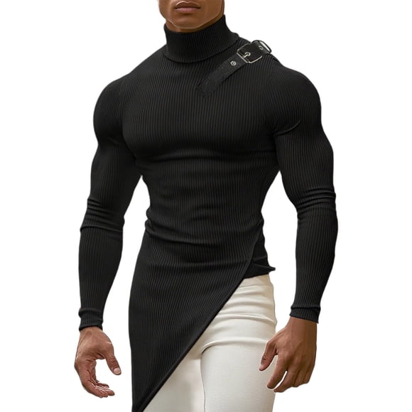 LNWUY Chandail de Base à Col Montant Mi-Haut pour Homme, Élastique, Sport, Ajusté, Chandail à Manches Longues Fendu, Chandails à Enfiler, Haut Noir G