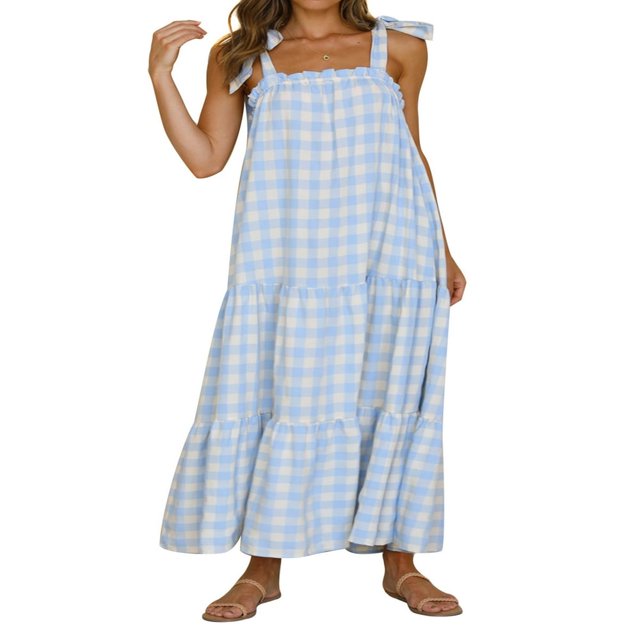 Robe Longue Sans Manches à Carreaux Imprimée Dos Nu Coupe Ample Décontractée Simple une-Pièce Vêtements
