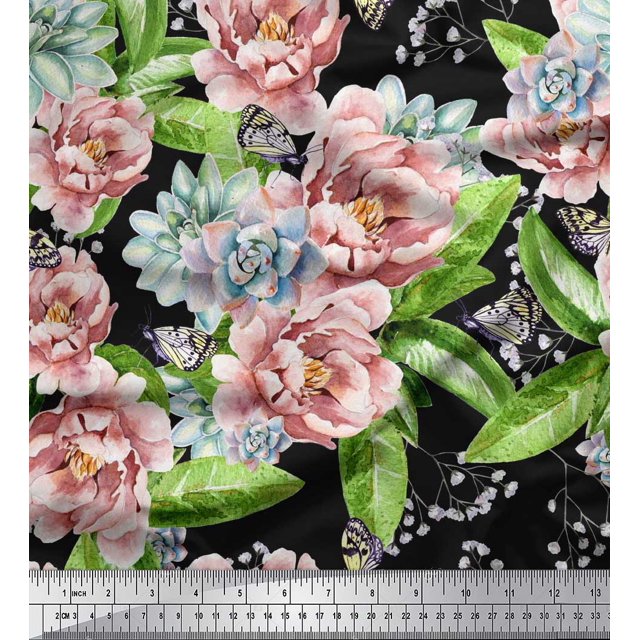 Soimoi Green Rayon Fabric Leaves & Floral Print Fabric by Yard 56 Inch Wide