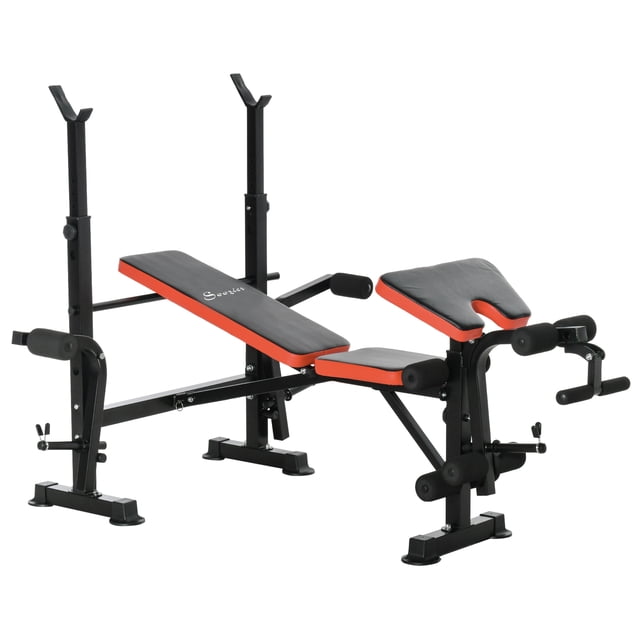 Soozier Adjustable Weight Bench with Leg Developer Barbell Rack for Weight Lifting and Strength Training. This multifunctional workout station features a black and red steel frame with a durable PVC seat pad. It includes a squat rack, leg extension, butterfly curl, and adjustable backrest with incline, flat, and decline positions. High-density foam grips and leg rollers provide comfort, while locking spring bolts ensure safety. Suitable for bench press, squats, and various strength exercises. Dimensions: 69 inches long, 54.75 inches wide, and 50 inches high. Weight and barbell not included.