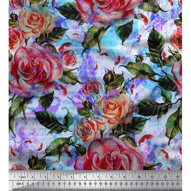Soimoi Tissu Popeline de Coton Imprimé Feuilles & Roses Tissu de Couture Yard 56 Pouces de Large
