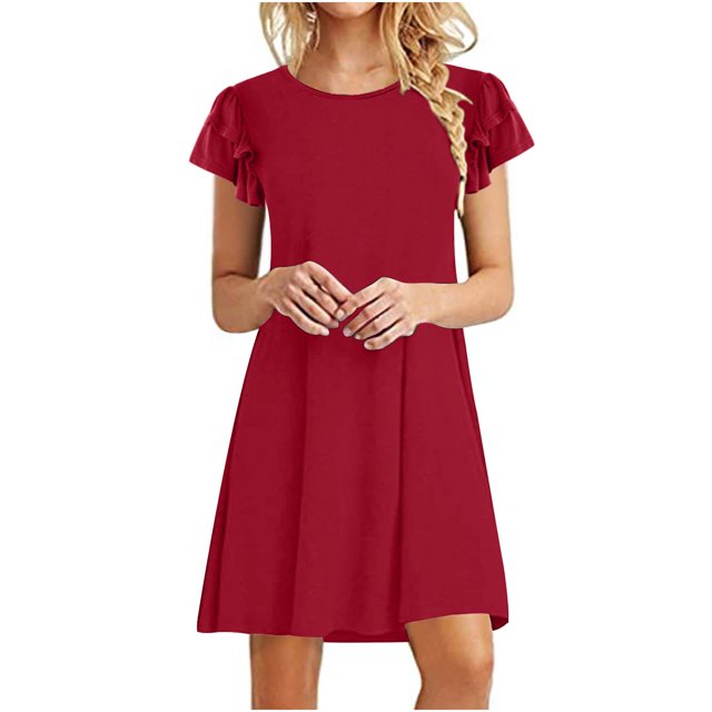 Birdeem Robes Mini pour Femmes Été Décontractées à Volants Manches Courtes Mignonnes Col Rond Robe Fluide avec Poches