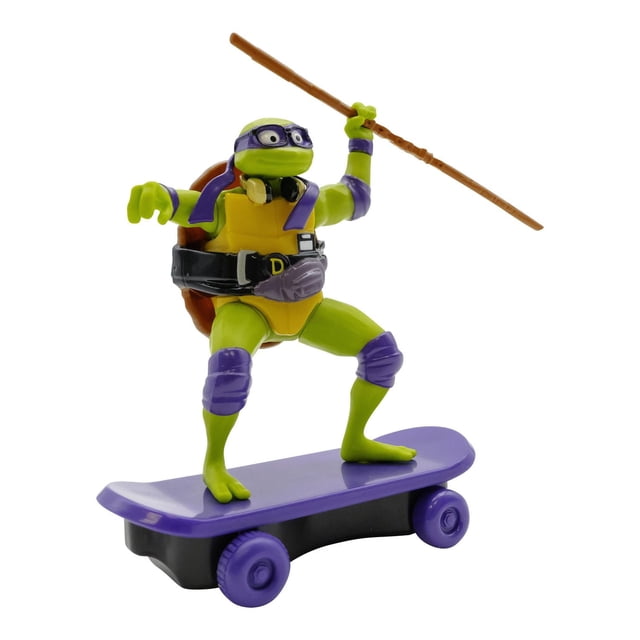 Teenage Mutant Ninja Turtles Sewer Shredders Don Movie action figure of Donatello posed on a purple skateboard with purple wheels, holding his brown bo staff raised, wearing a purple mask, knee pads, wristbands, yellow shell, black belt, and pouch, suitable for action figure playsets and collectible battles.