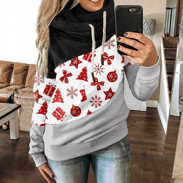 Femmes Noël Imprimé Pull à Capuche Manches Longues Cordon à Capuche Tops Sweat-Shirt