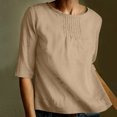 thumbnail image 1 of Qertyioot Women's Basic Solid Color Loose Round Neck Middle Sleeve Folded Cotton Linen Shirt Top, 1 of 6