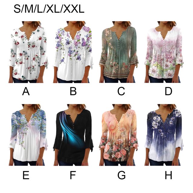 facefd 3/4 Manches Tops Swing T-Shirt Été Tunique Lavable Longue Durée Plissé devant V-Cou Blouse Chic Femmes Vêtements Bleu M