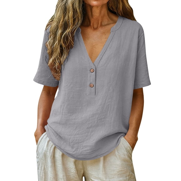JYnXIANTI Summer Tops for Women Comfy V Neck Cotton Linen T Shirts Breathable Thin Beach Tees Travel Vacation Clothes