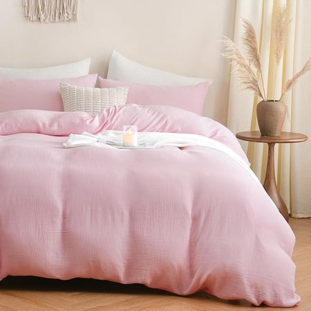 FANSTIVE Pink Muslin Duvet Cover King Set, 100% Cotton Comforter Cover Super Soft and Breathable, 3 Pieces Lightweight Gauze Bedding Set, 1