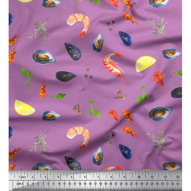 Soimoi Modal Satin Fabric Gemstone,Lemon Slice & Prawns Food Print Fabric by Yard 42 Inch Wide