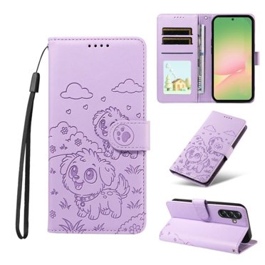 For Samsung Galaxy A56 5G Litter Dog Embossing Leather Phone Case with RFID Blocking Card Slot Wallet Magnetic Clasp Lanyard Flip Stand Case,Purple,For Galaxy A56 5G