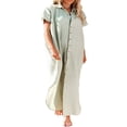 thumbnail image 1 of Femmes Maillot de Bain Couvrir Robe Manches Courtes Côté Divisé Bouton vers le Bas Longue Chemise Robe Cardigan Maxi Plage Robe Bleu, 1 of 7