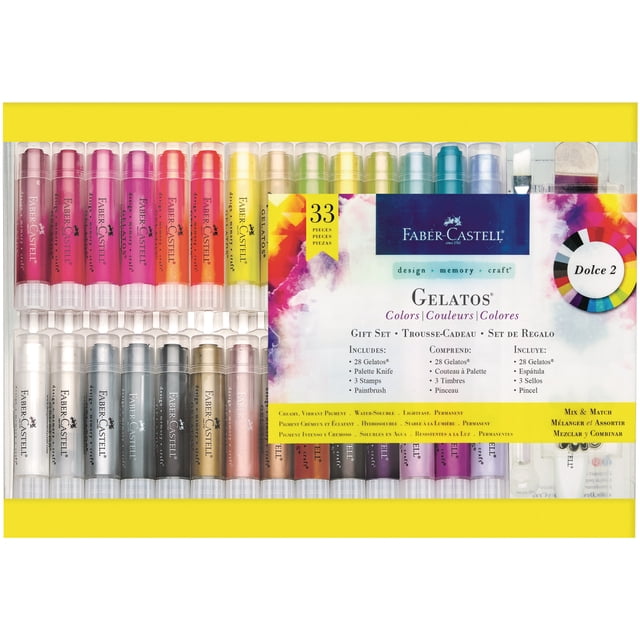 Faber-Castell Gelatos gift set featuring 33 pieces, including 28 vibrant Gelatos colors, a palette knife, 3 stamps, and a paintbrush. The set is displayed in a clear packaging with a colorful label and a mix of pastel and metallic shades. Ideal for crafting, memory keeping, and creative projects.