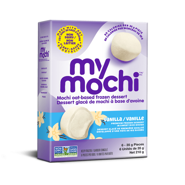 MY MOCHI VANILLA OAT BASED FROZEN DESSERT box with six vanilla-flavored mochi pieces featuring soft white rice dough wrapped around creamy oat-based frozen dessert, vegan, non-dairy, non-GMO verified, each piece 80 calories per 35 g, ideal as a low-calorie frozen snack.