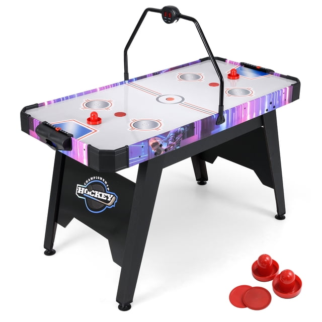 Gymax Air Hockey Table for Kids & Adults with a digital LED scoreboard and a powerful 12V motor fan. The 56-inch table features a smooth play surface with vibrant graphics, sturdy H-shaped legs with adjustable foot pads, and rounded corners for safety. Includes 2 red pushers, 2 red pucks, and a 6.5 ft power cord. Dual scoring systems with manual scorers and an LED electronic scoreboard enhance gameplay. Suitable for game rooms and family entertainment.