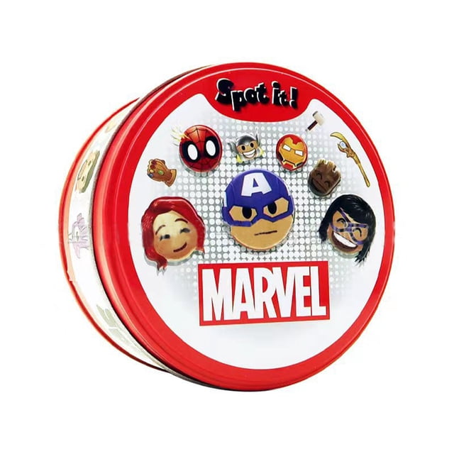 Spot It Playing Card Game with a Marvel-themed design, featuring a round metal storage box with vibrant character illustrations, including Spider-Man, Iron Man, and Captain America. The compact box measures 9.7 x 9.7 x 4.5 cm and is made of durable materials with smooth edges. Suitable for kids aged 6 years and older, this family-friendly card game offers clear printing and rich content for engaging gameplay.