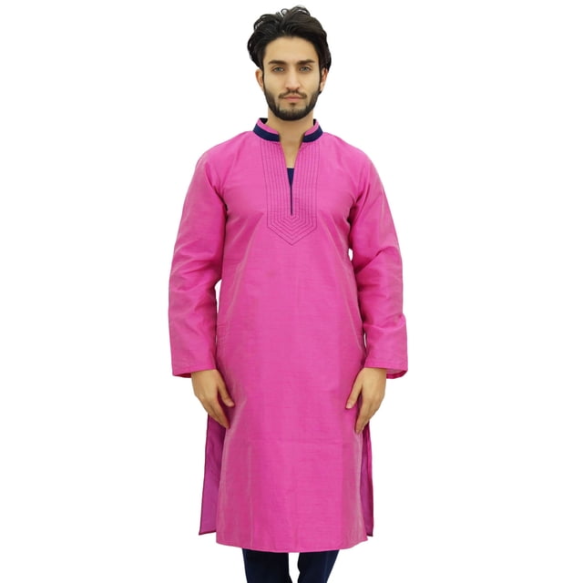 Atasi Designer Men's Party Wear Pink Kurta Pyjama Set Long Dupion Shirt-Small