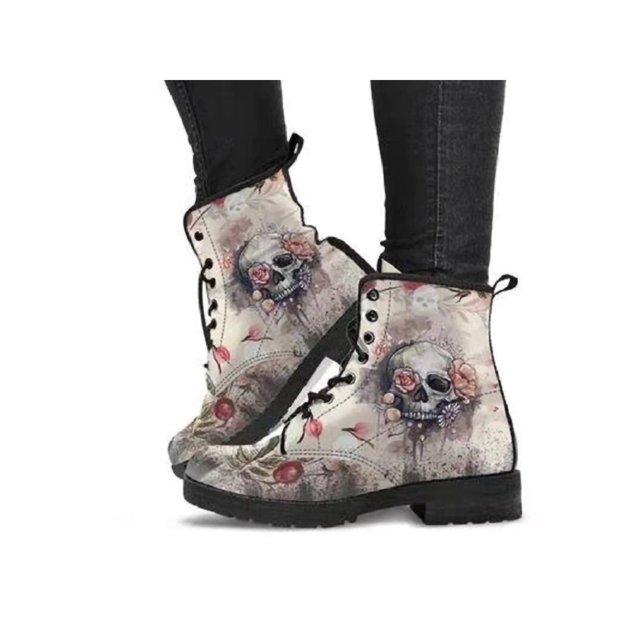 UKAP Women Leather Boot Floral Short Bootie Lace Up Ankle Boots Work Booties Waterproof White Skull 5