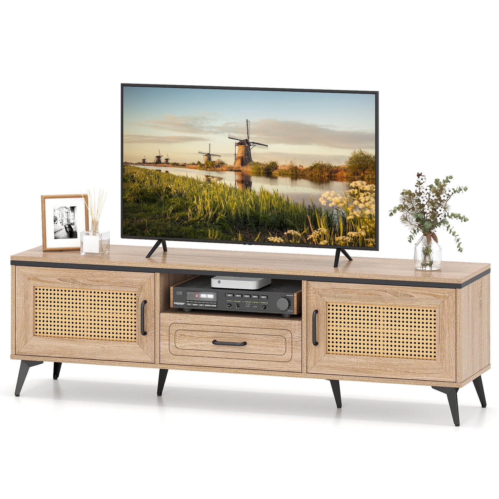 Costway Meuble TV Boho pour téléviseurs de 65 pouces Centre de divertissement moderne avec tiroir et 2 espaces de rangement