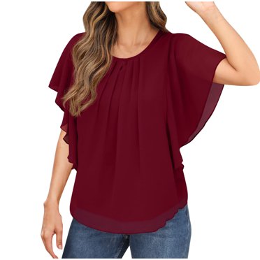 Ovbmpzd Red Ladies Tops Ruffle Short Sleeve Chiffon Smocked Solid Shirts Shirts for Women Trendy XL