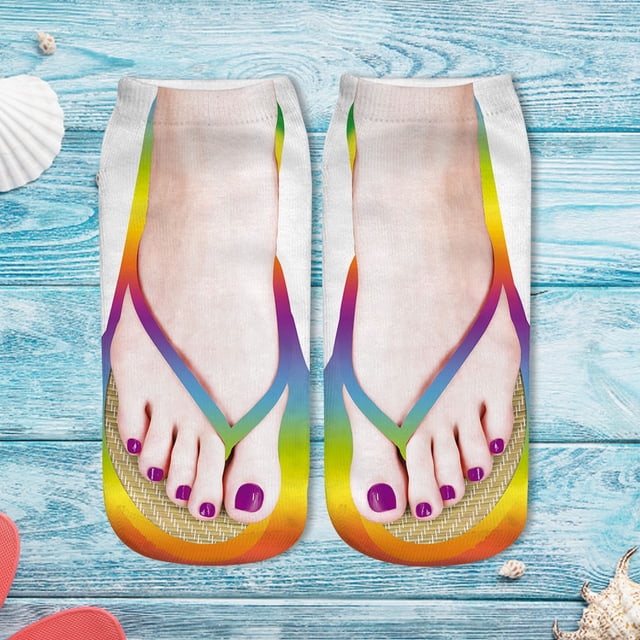 Two Pairs 3D Pattern Manicure Print Socks Flip Flop Funny Hidden Running Socks Women Personalized