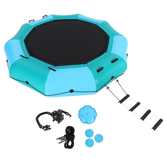 Trampoline Aquatique Gonflable – 15 Pi pour Lac, Piscine et Océan – Flottant Extérieur – Enfants et Adultes – Comprend Échelle, Cordes, Pompe et Sacs d'Ancre – Bleu et Vert