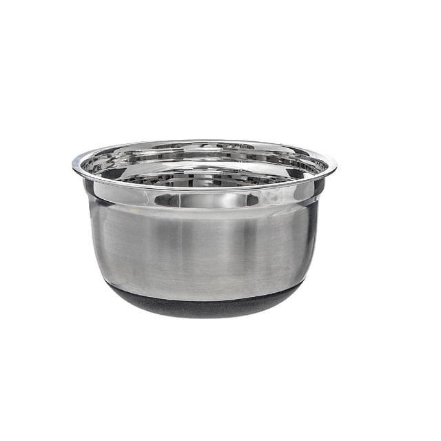 German Mixing Bowl with Anti Skid Base 6.81 inches, stainless steel round bowl with polished rim and matte body, featuring a black anti-skid base for stability, suitable for mixing, cooking, serving, or storing ingredients in the kitchen.