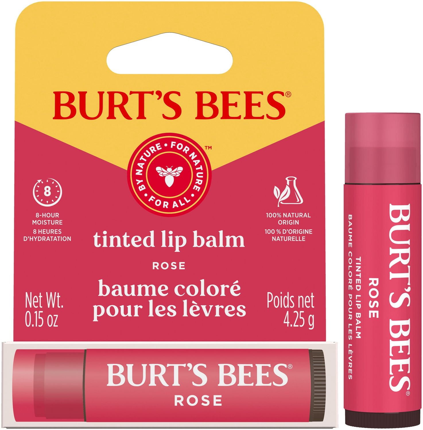 Baume hydratant coloré pour les lèvres 100 % d’origine naturelle de Burt's Bees®, Rose avec beurre de karité — 1 tube