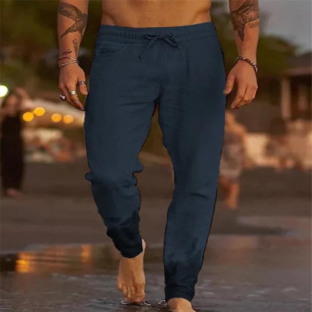 Pants for Men, Mens Solid Color Drawstring Fashionable Casual Pants Full Length Pants