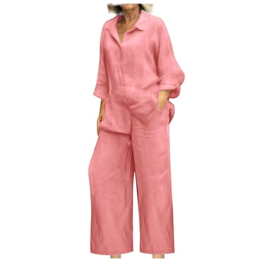 AherBiu Plus Size Cotton Linen Sets for Women Long Sleeve Button Down Shirts with Pants 2 Piece Lounge Set