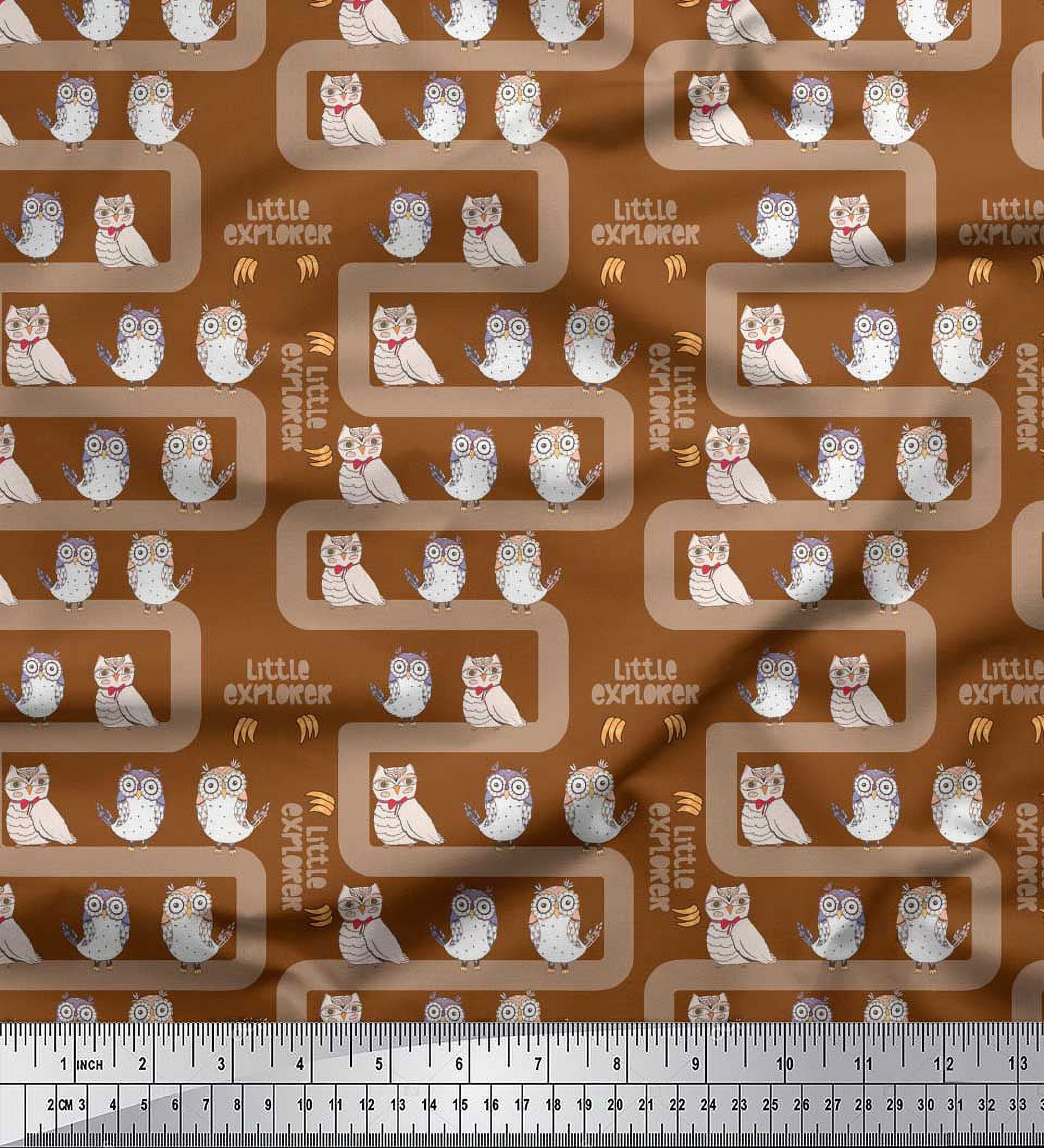 Soimoi Brown Rayon Fabric Text & Owl Bird Print Fabric by the Yard 56 Inch Wide
