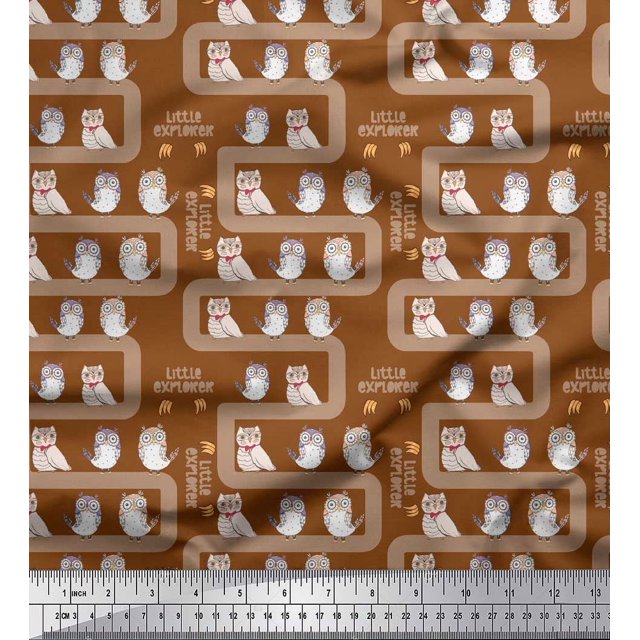 Soimoi Brown Modal Satin Fabric Text & Owl Bird Fabric Prints By Yard 42 Inch Wide