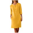 thumbnail image 3 of Meichang Robes Longueur Genou pour Femmes Décontractées à Manches Longues Demi-Boutonnage Col Ras du Cou Robe d'Automne Unie Légère Vacances Plage Robes avec Poches, 3 of 6