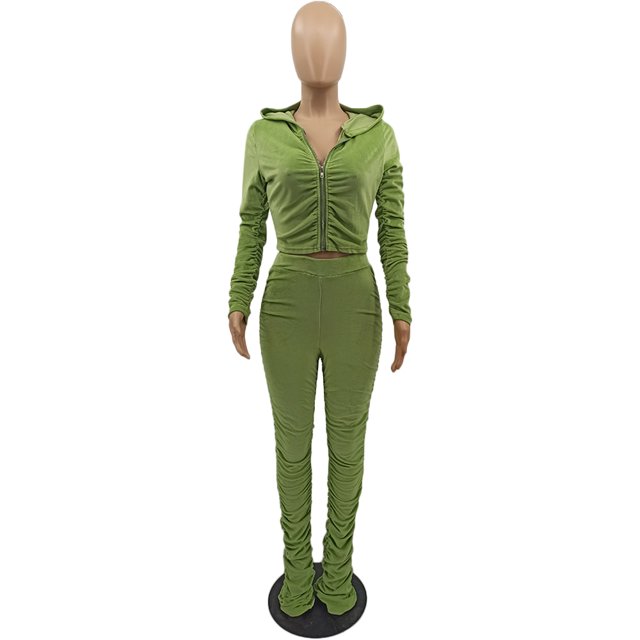 Honganda Slim Pleated Zipper Hooded Top and Pants Two-piece Suit