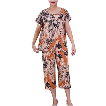 Pisexur Womens Pajama Sets 2 Piece Floral Print Cotton Nightgowns for Women Casual Round Neck Short Sleeve T-Shirts Tops and Knee Length Lounge Pants Plus Size Pajamas for Women Set XL-4XL
