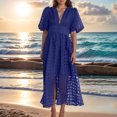 thumbnail image 2 of Mikilon Robes d'Été pour Femmes Ensemble Jupe Aguichant Robe à Carreaux à Manches Courtes Lanterne Aguichant à Col en V Profond Robes Gaine Mode Décontractée Taille Haute Unie Robe de Soirée avec Fente Bleu-A L, 2 of 7