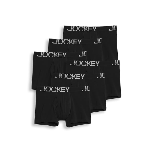 Jockey Boxeur-Brief pour Hommes ActiveStretch 4 Pouces - Lot de 6 Présentant des Boxeurs Noirs à Taille Basse et Couvrance Totale. Fabriqués à Partir de 95 % Coton et 5 % Élasthanne, Ces Boxeurs-Briefs Offrent un Tissu Doux et Extensible avec des Propriétés d'Évacuation de la Transpiration pour un Confort Toute la Journée. Inclut la Technologie StayNew pour une Qualité Durable et un design de Jambe Qui Reste en Place. Chaque Boxeur-Brief a une Braguette à Trou Clé et un Entrejambe de 4 Pouces.
